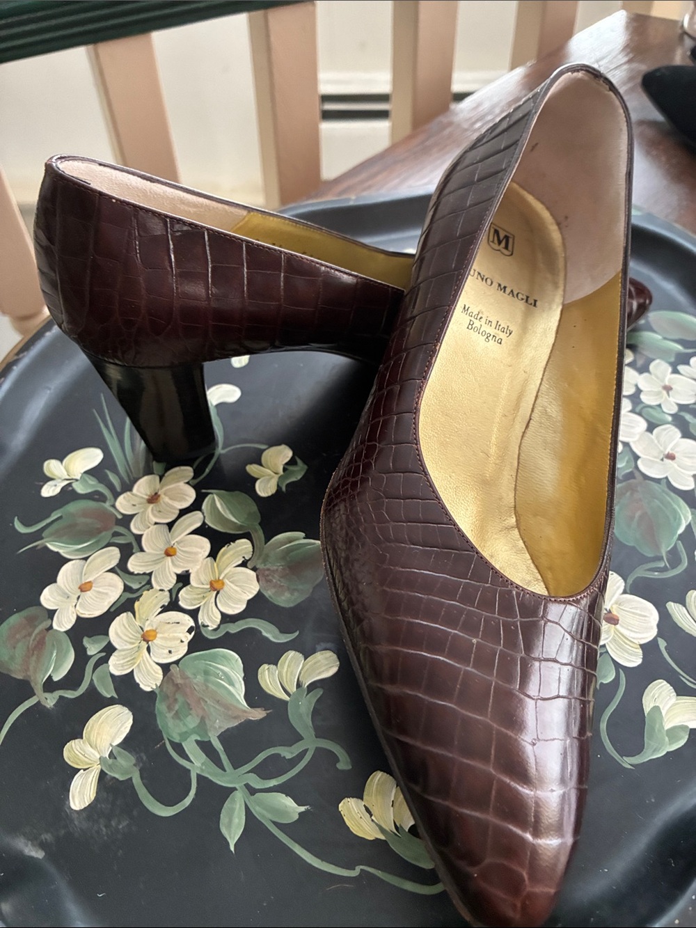 Bruno Magli Dark Brown Croc-Embossed Leather Heels